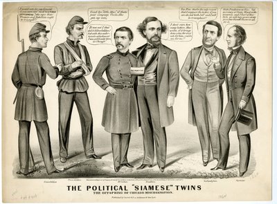 De politieke Siamese tweelingen, de nakomelingen van Chicago Miscegenation door N. and Ives, J.M. Currier
